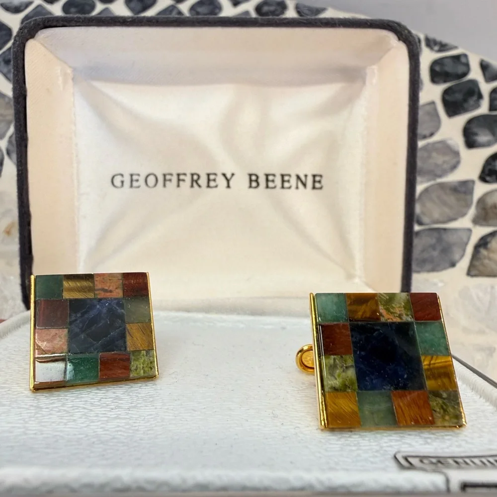 Vintage Geoffrey Beene Multicolor mosaic gemstone Cufflinks